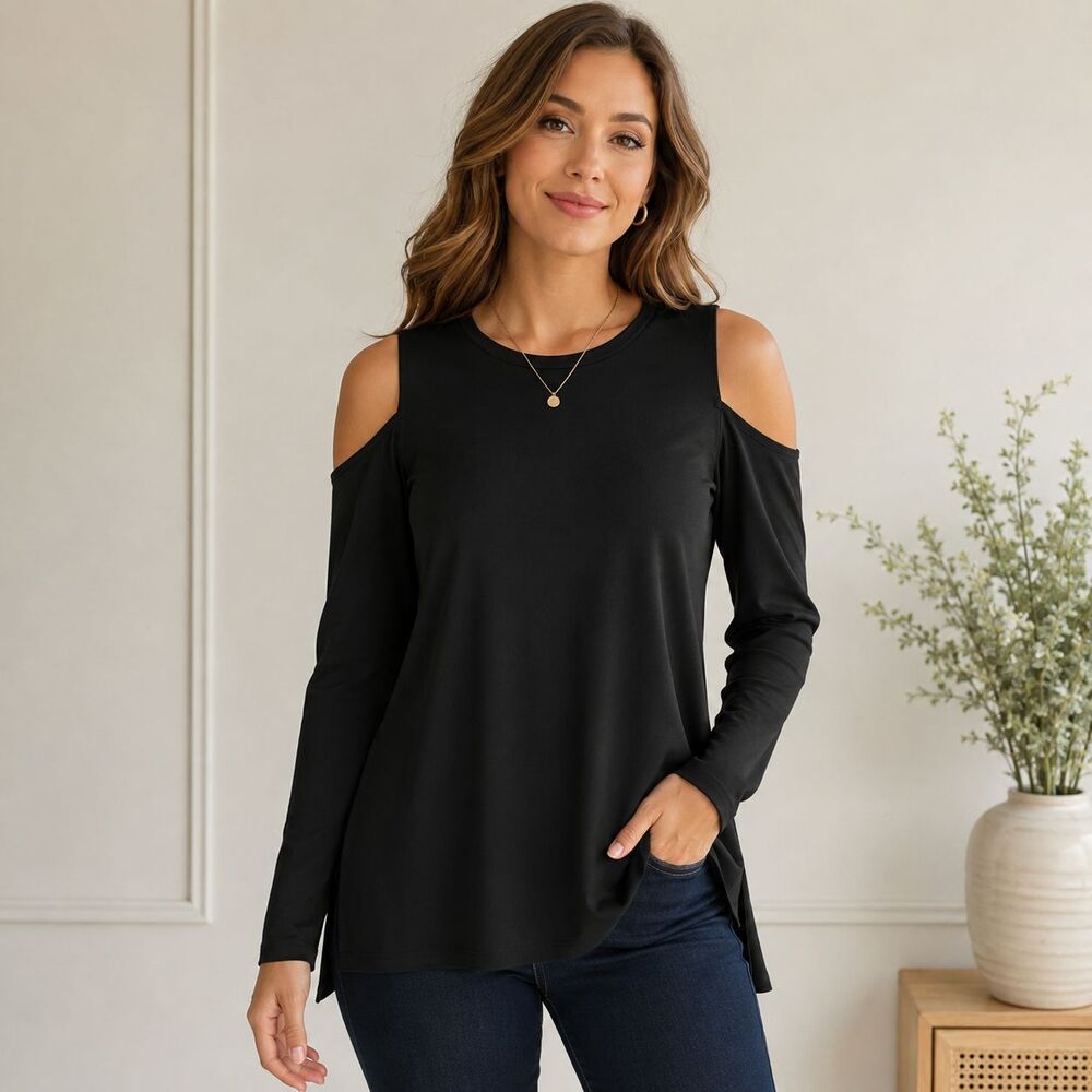 Michael Kors Black Cold Shoulder Top Side Slit Stretch Large NWT